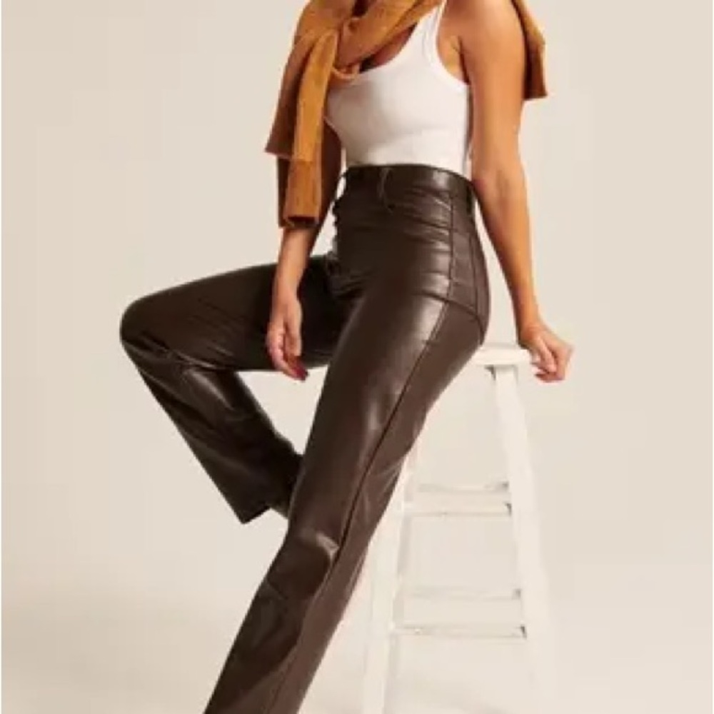 Abercrombie & Fitch Dark Brown Curve Love Leather Straight Leg Pants